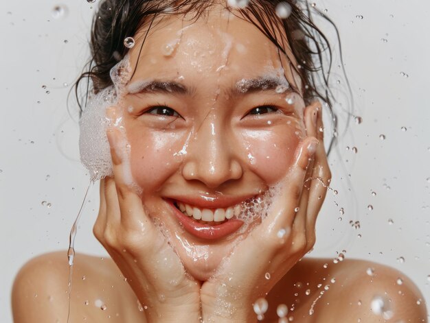Clínica de beleza cuidado da pele bela modelo feminina posando lavagem facial