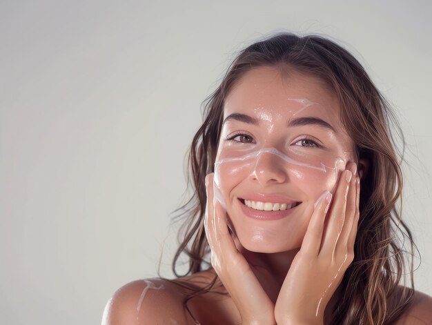 Clínica de beleza cuidado da pele bela modelo feminina posando lavagem facial