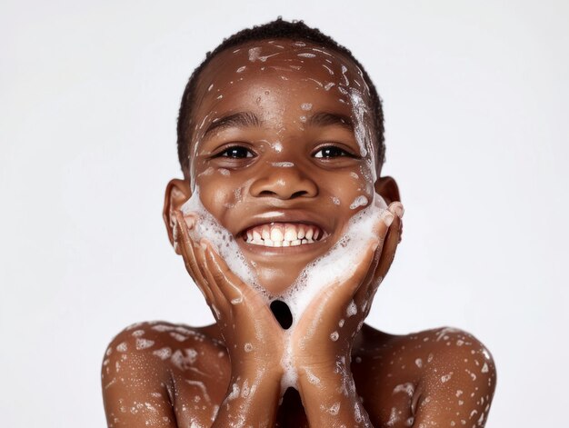 Clínica de beleza cuidado da pele bonito menino africano posando lavagem facial