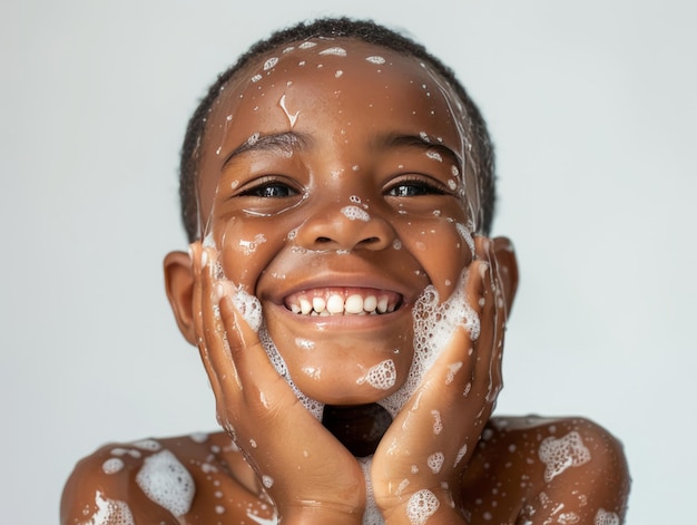 Clínica de beleza cuidado da pele bonito menino africano posando lavagem facial