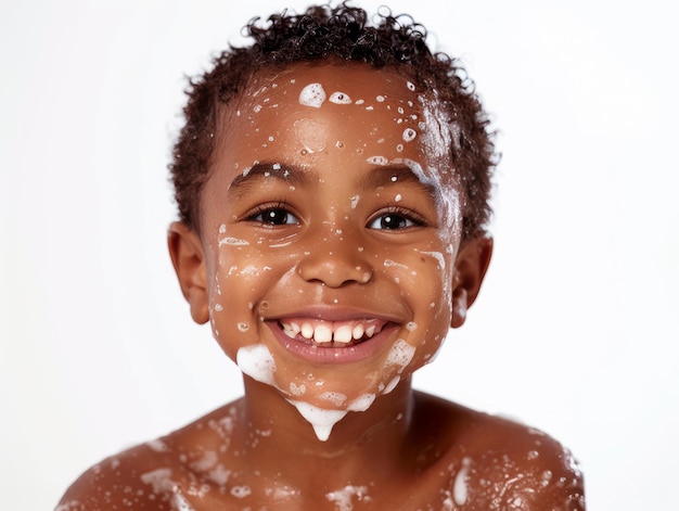 Clínica de beleza cuidado da pele bonito menino africano posando lavagem facial