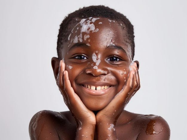 Clínica de beleza cuidado da pele bonito menino africano posando lavagem facial