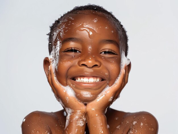 Clínica de beleza cuidado da pele bonito menino africano posando lavagem facial