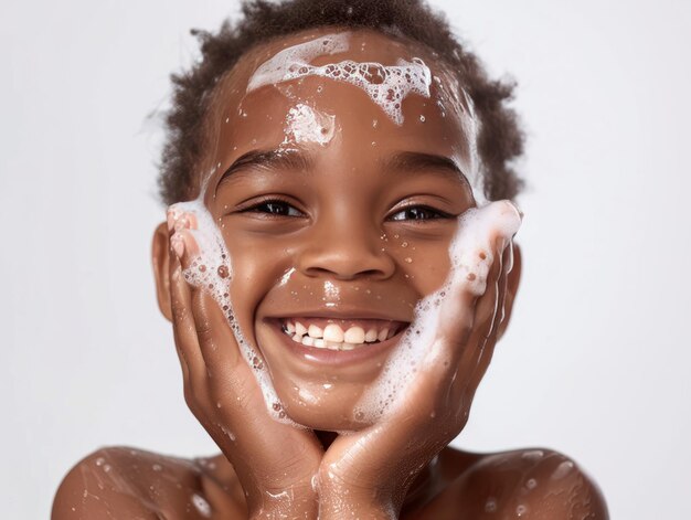 Clínica de beleza cuidado da pele bonito menino africano posando lavagem facial