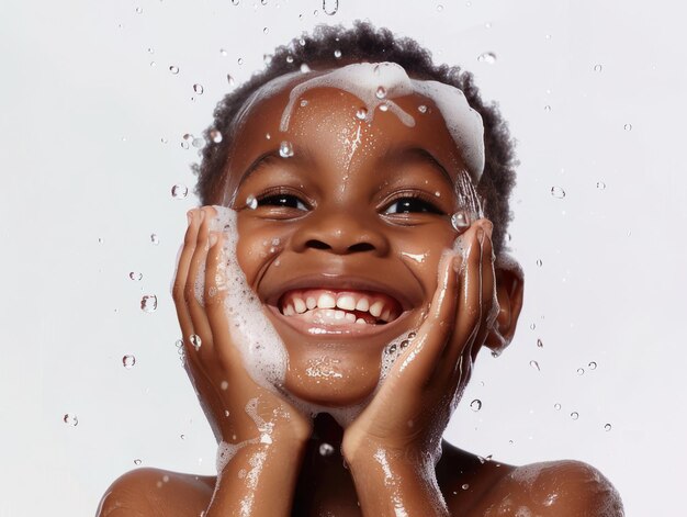 Clínica de beleza cuidado da pele bonito menino africano posando lavagem facial