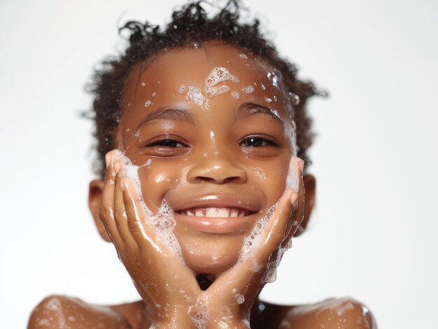 Clínica de beleza cuidado da pele bonito menino africano posando lavagem facial