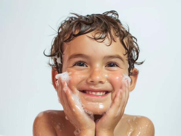 Clínica de beleza cuidado da pele bonito menino branco posando lavagem facial