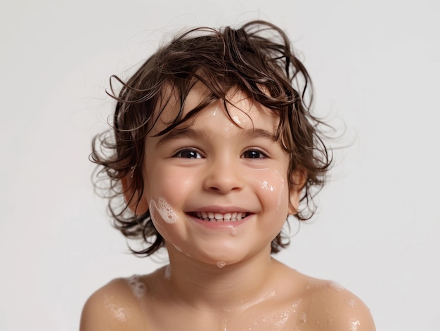 Clínica de beleza cuidado da pele bonito menino branco posando lavagem facial