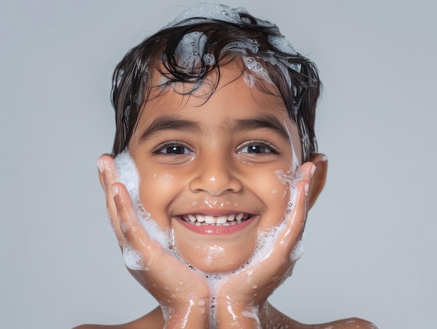 Clínica de beleza cuidado da pele bonito menino indiano posando lavagem facial