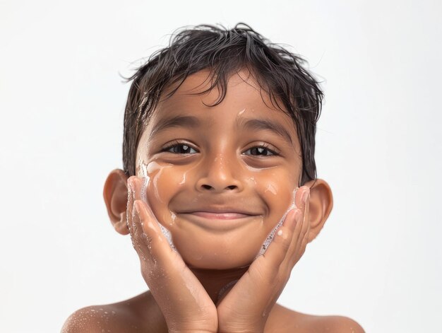 Clínica de beleza cuidado da pele bonito menino indiano posando lavagem facial