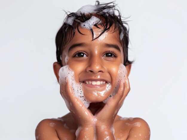 Clínica de beleza cuidado da pele bonito menino indiano posando lavagem facial