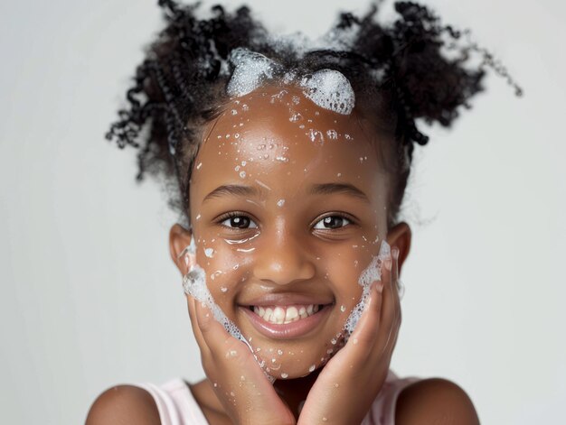 Clínica de beleza cuidado da pele menina africana bonita posando lavagem facial