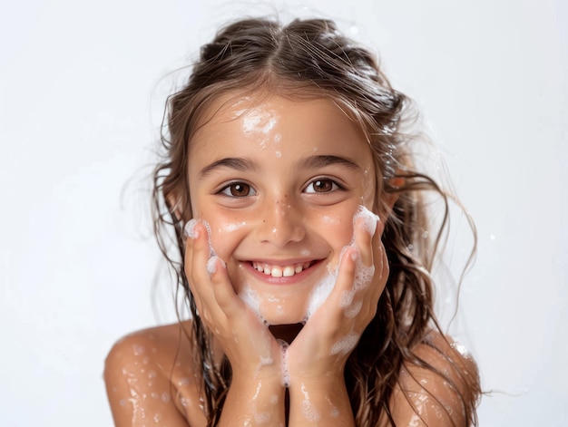 Clínica de beleza cuidado da pele menina branca bonita posando lavagem facial