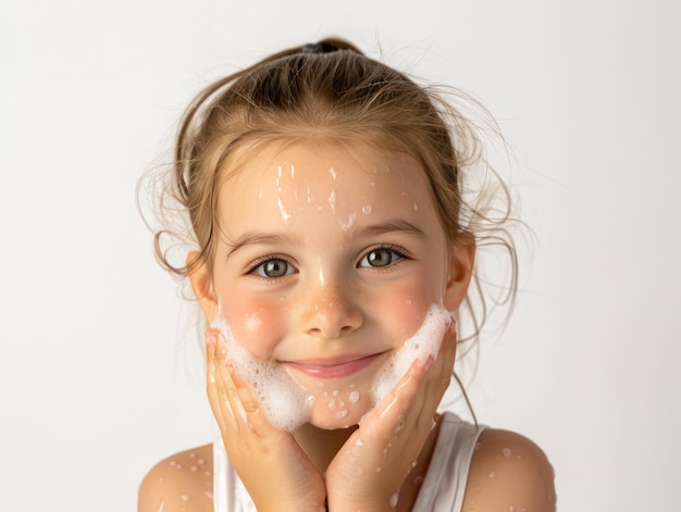 Clínica de beleza cuidado da pele menina branca bonita posando lavagem facial