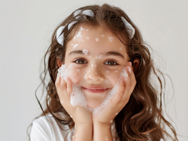 Clínica de beleza cuidado da pele menina branca bonita posando lavagem facial