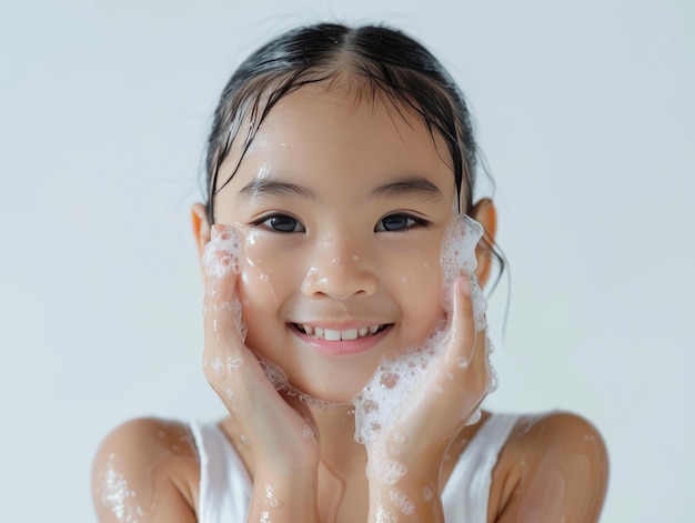 Clínica de beleza, cuidados com a pele, menina asiática bonita posando para lavar a cara.