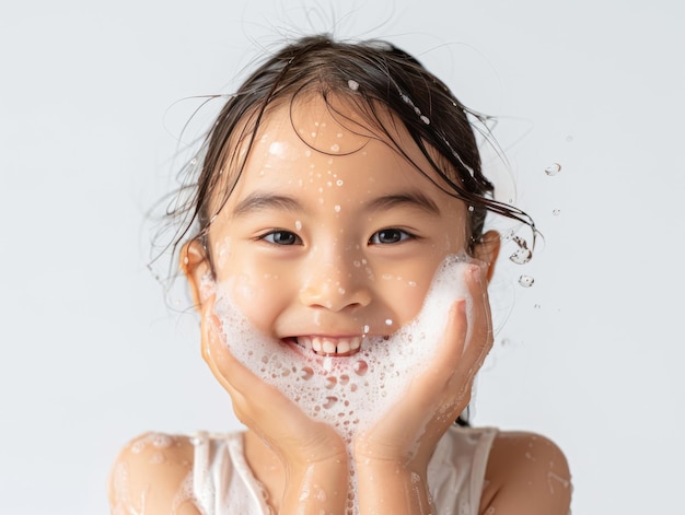 Clínica de beleza, cuidados com a pele, menina asiática bonita posando para lavar a cara.