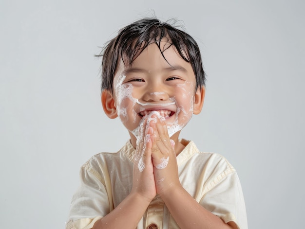 Clínica de beleza, cuidados com a pele, um menino asiático bonito a posar para lavar a cara.
