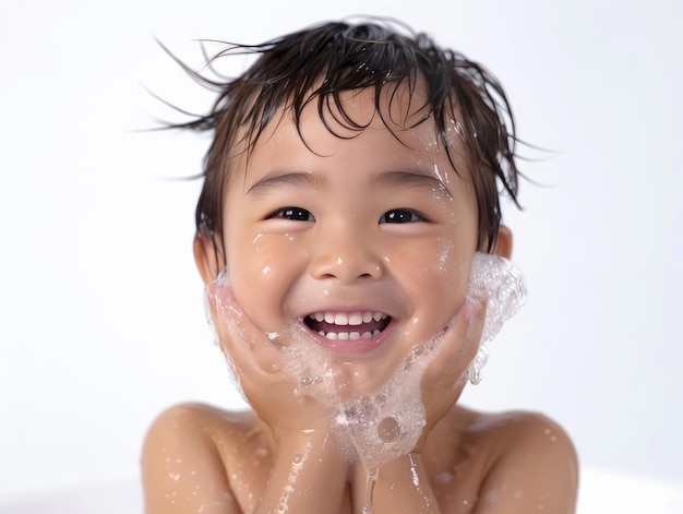 Clínica de beleza, cuidados com a pele, um menino asiático bonito a posar para lavar a cara.