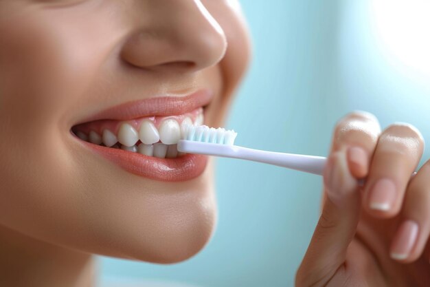 Clínica de cuidados de saúde dentária Close-up de uma jovem a escovar os dentes