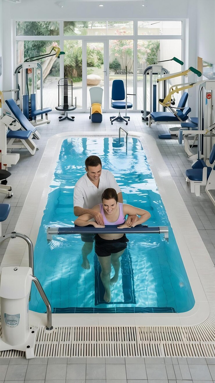 Foto clínica de fisioterapia com equipamento de reabilitação