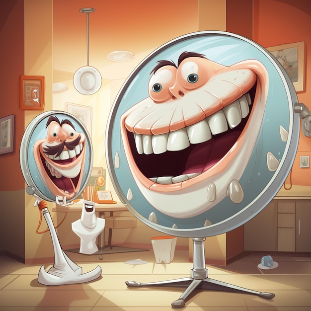 Foto clínica dentária com dentes engraçados ao estilo de desenhos animados