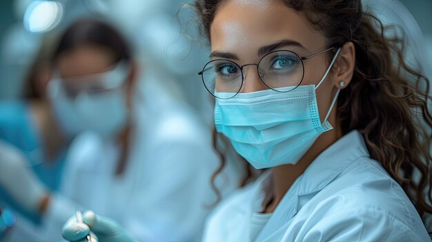 Clínica dentária com um dentista e um assistente que trabalham com os dentes de um paciente, cuidados bucais e higiene