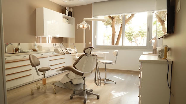 Foto clínica dentária com um interior moderno a clínica está equipada com a tecnologia mais recente e oferece uma ampla gama de serviços