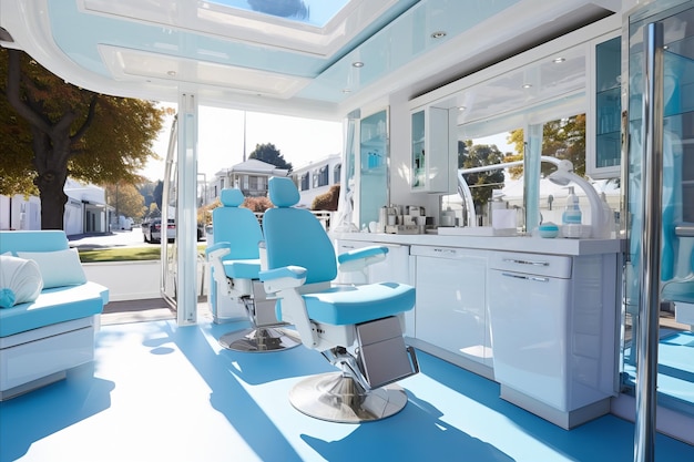 Foto clínica dentária contemporânea com interior brilhante e equipamento moderno que fornece cuidados dentários de qualidade excepcional