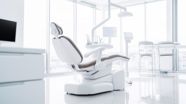 Clínica dentária interior moderno com janelas panorâmicas Ai cadeira dentária generativa