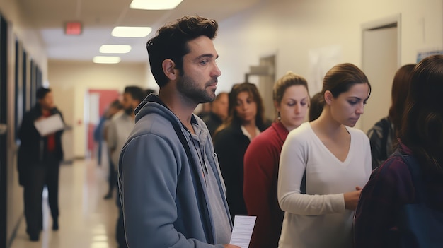 Foto clínica gratuita de vacunación contra la gripe en el centro comunitario con residentes haciendo fila