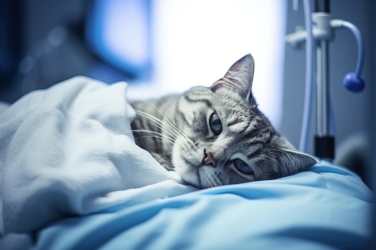 Clínica veterinaria asistiendo a un gato anestesiado con respiración asistida IA generativa