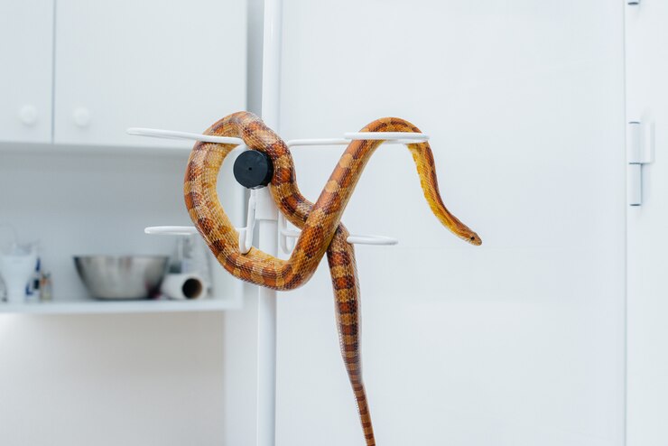 Foto en una clínica veterinaria moderna, se examina una serpiente amarilla. clínica veterinaria