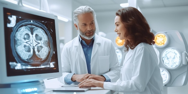 Foto clínicos analizando escáneres de resonancia magnética cerebral en una instalación médica moderna