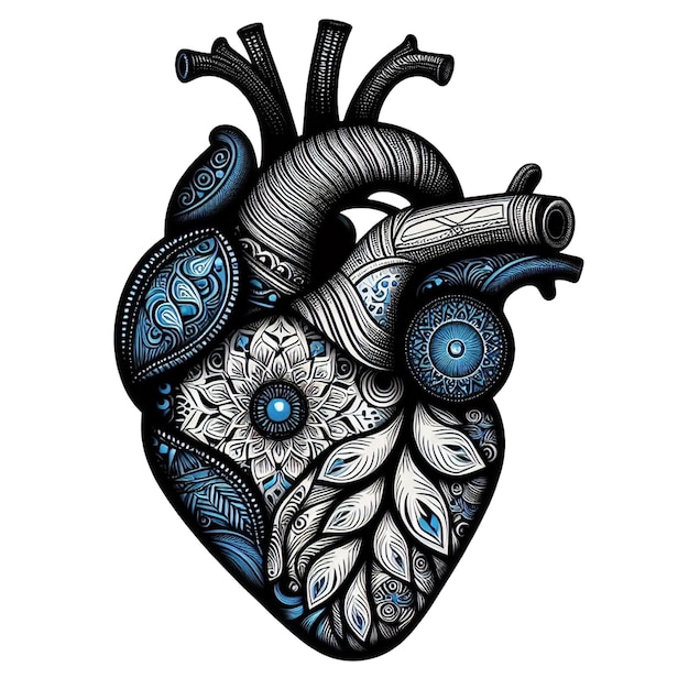 Un clip art de un corazón humano con intrincados patrones y diseños en colores negro y azul