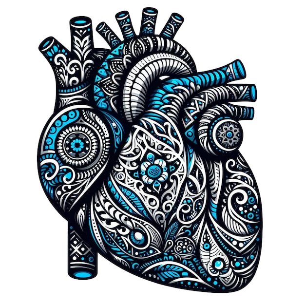Un clip art de un corazón humano con intrincados patrones y diseños en colores negro y azul