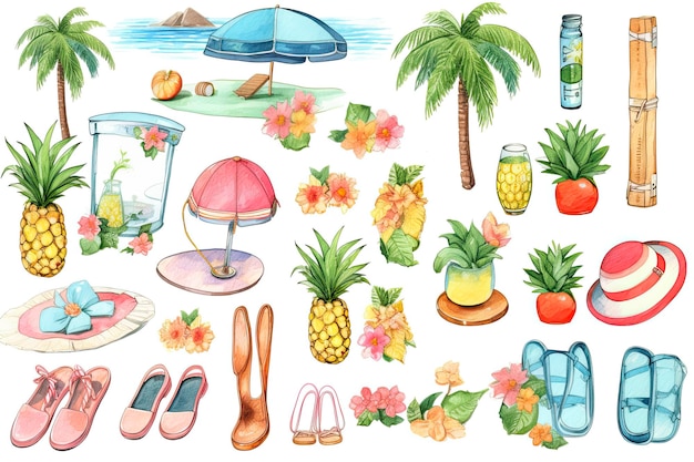 Foto clip art de verano en hoja de sprites estilo acuarela