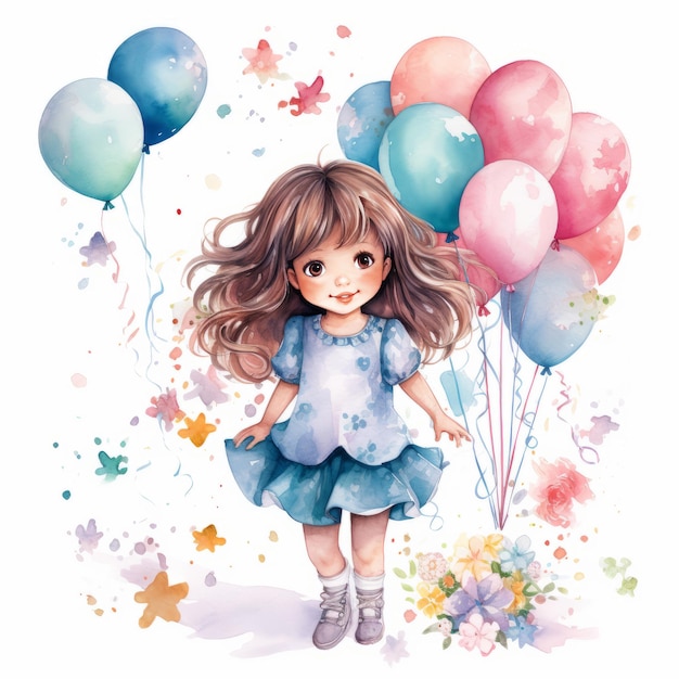 clip de cumpleaños de niños Niña feliz con globos Ilustración de acuarela para tarjetas