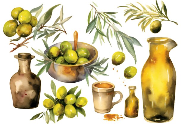 Clipart de aceituna y aceite de oliva en acuarela sobre fondo blanco