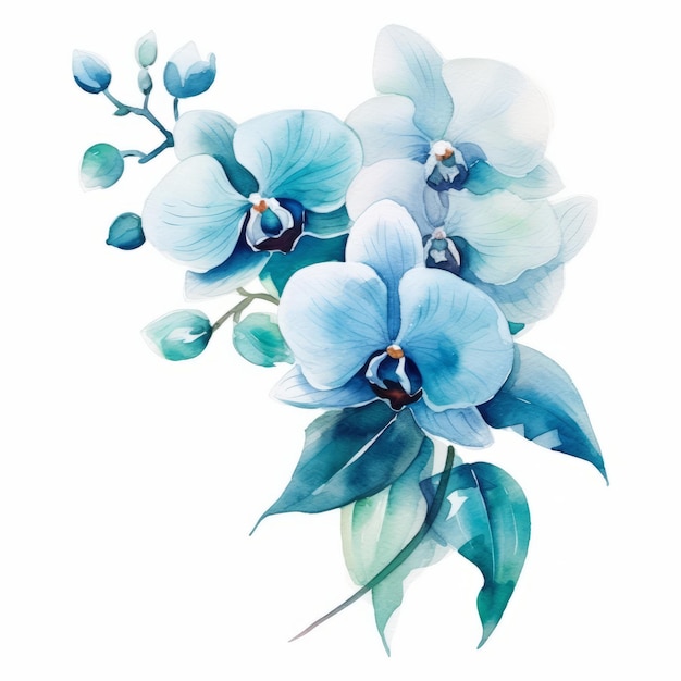 Foto clipart de acuarela con arreglo de orquídeas azul verde azulado sobre fondo blanco aislado en 8k