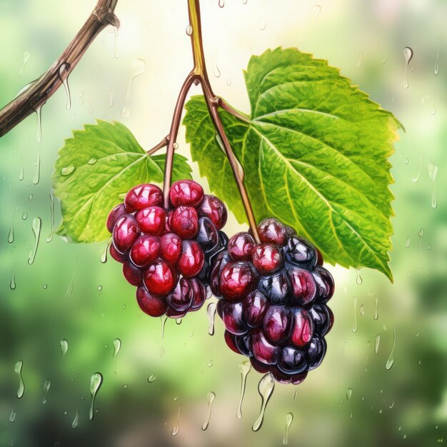 Clipart de acuarela hiperrealista de una rama de Blackberry con gotas de lluvia