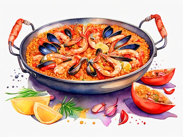 Clipart de acuarela de paella aislado sobre un fondo blanco