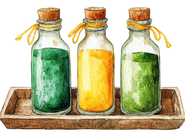 Clipart de acuarela de tres botellas de vidrio con polvo verde amarillo y naranja en el interior en una t de madera