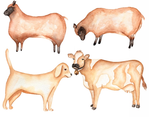 Clipart de animales de granja, acuarela dibujado a mano vaca Clip art, Ilustración de perro lindo, prediseñadas de ovejas, conjunto de pueblo