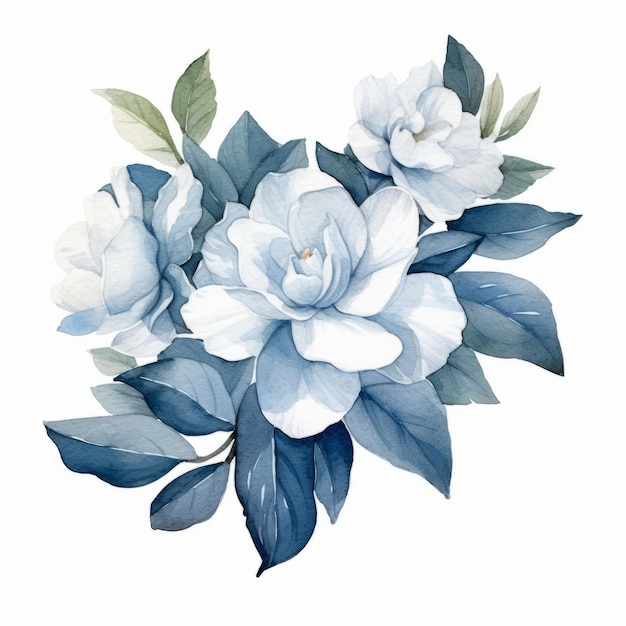 Clipart aquarela de arranjo de gardênia em tons de azul jeans