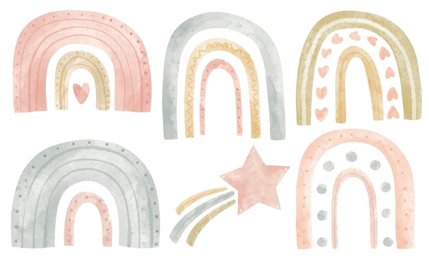 Clipart arco iris con tonos pastel y formas mínimas para diseños gráficos de baby shower o invitaciones a celebraciones