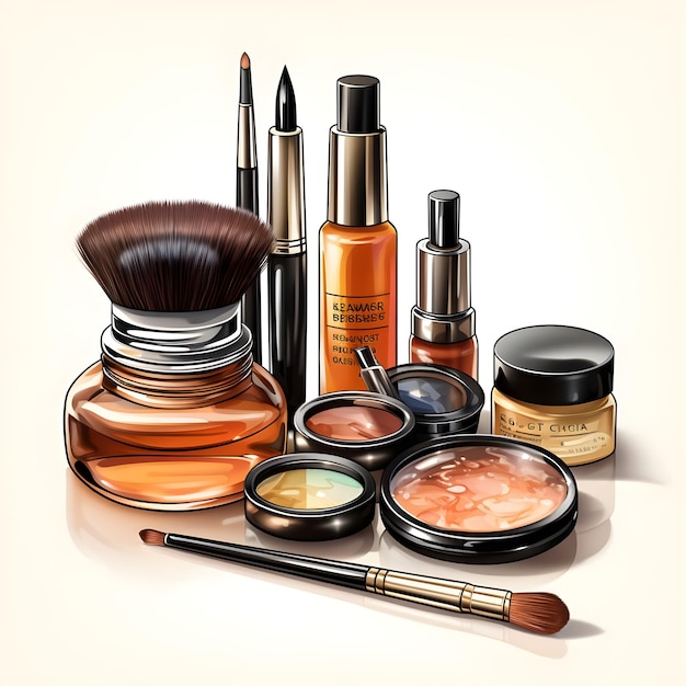 Clipart-Bild für Make-up-Künstler mit verschiedenen Make-up-Produkten auf weißem Hintergrund
