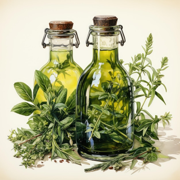 Clipart Botellas de aceite de oliva con infusión de hierbas y ramitas de hierbas frescas en el interior