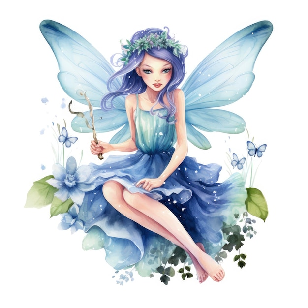 clipart bruja acuarela con vestido azul y ojos grandes