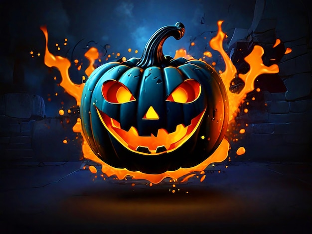 clipart de abóbora de halloween que sorri em chamas com fundo de salpicaduras